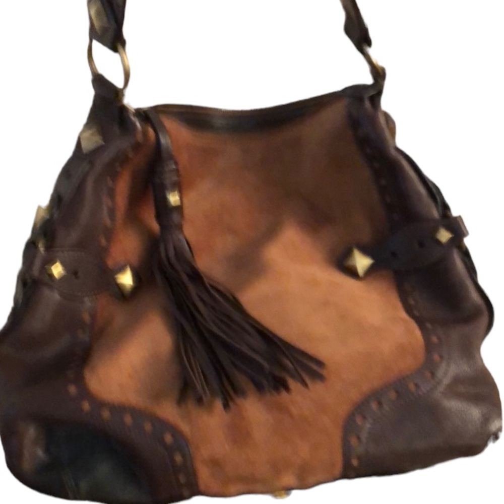Micheal Kors size X- large brown suede bag brass studded leather fringe - Picture 2 of 16